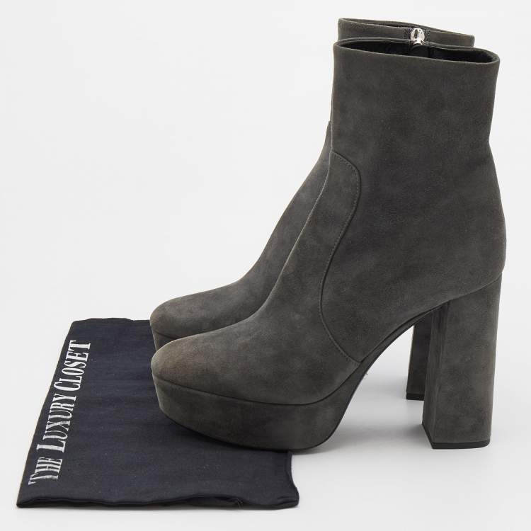 Pre Owned Prada Grey Suede Platform Ankle Boots Size 38