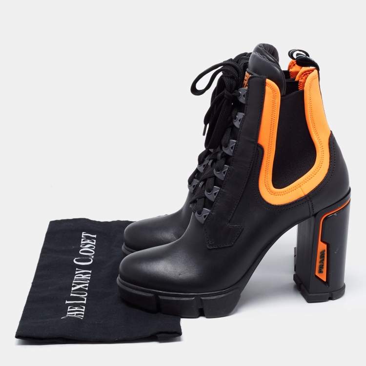 Pre Owned Prada Black/Orange Leather and Neoprene Neon Detail Lace up Ankle Boots Size 41