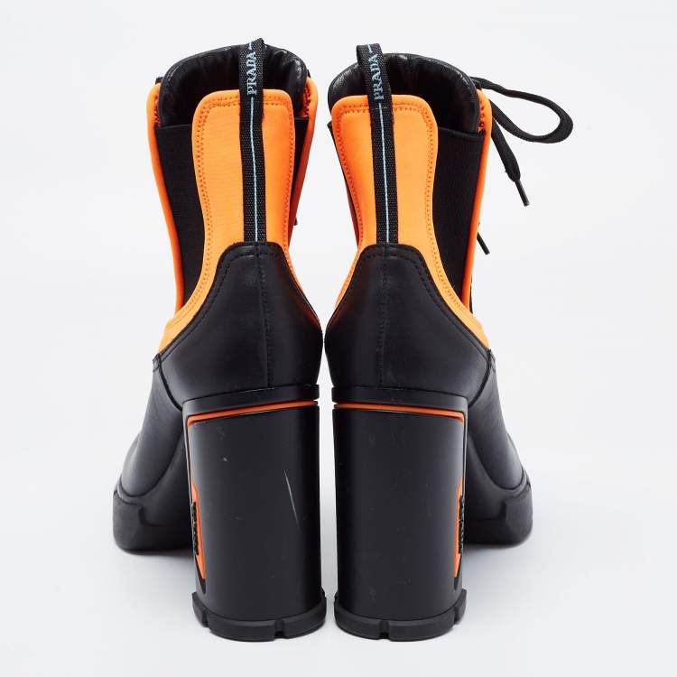 Pre Owned Prada Black/Orange Leather and Neoprene Neon Detail Lace up Ankle Boots Size 41