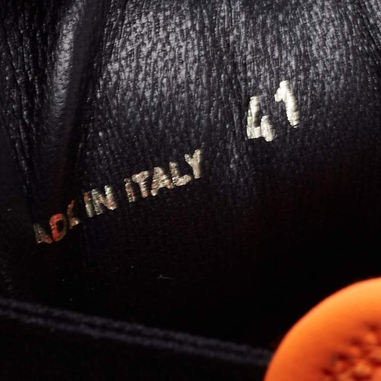 Pre Owned Prada Black/Orange Leather and Neoprene Neon Detail Lace up Ankle Boots Size 41