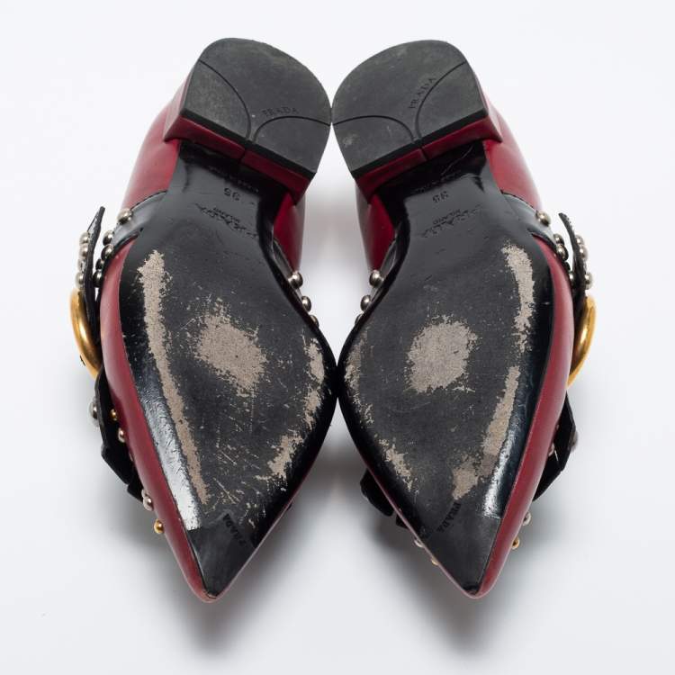 Pre Owned Prada Burgundy/Black Studded Leather Pointed Toe Ballet Flats Size 35