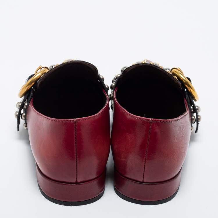 Pre Owned Prada Burgundy/Black Studded Leather Pointed Toe Ballet Flats Size 35