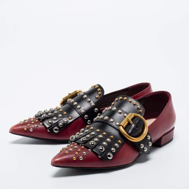 Pre Owned Prada Burgundy/Black Studded Leather Pointed Toe Ballet Flats Size 35