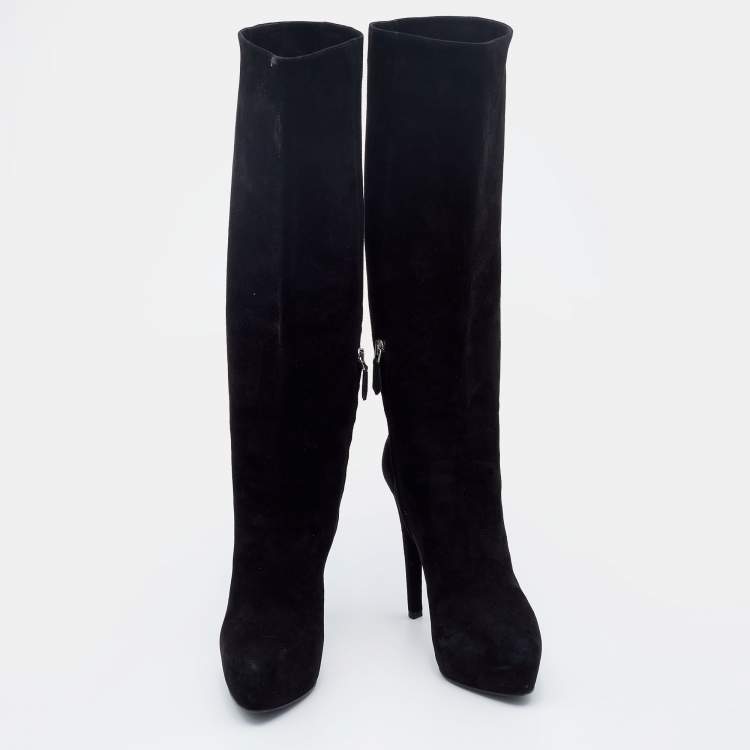 Pre Owned Prada Black Suede Platform Knee Length Boots Size 38