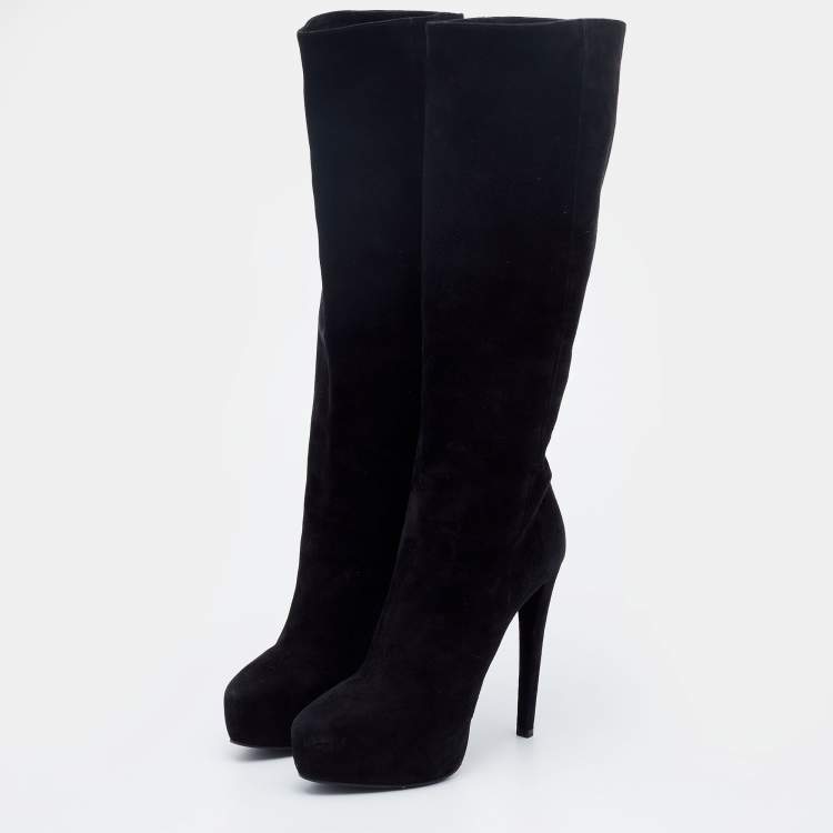 Pre Owned Prada Black Suede Platform Knee Length Boots Size 38