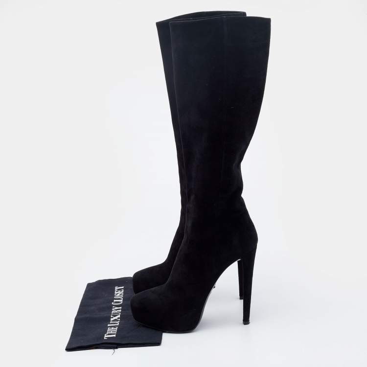 Pre Owned Prada Black Suede Platform Knee Length Boots Size 38