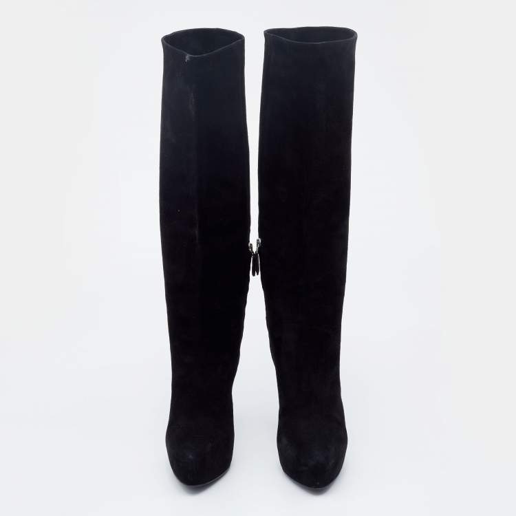 Pre Owned Prada Black Suede Platform Knee Length Boots Size 38