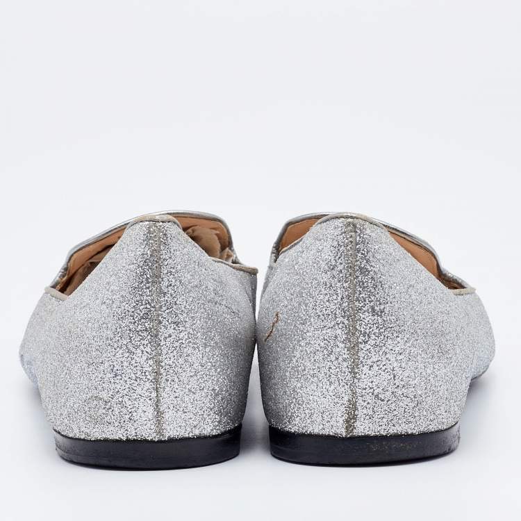 Pre Owned Prada Silver Glitter Smoking Slippers Size 38