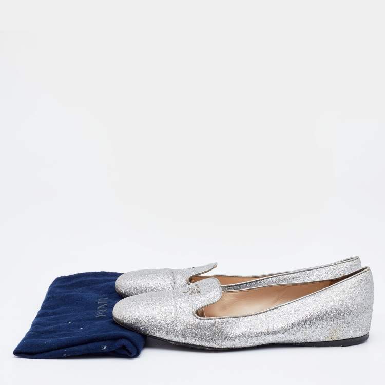 Pre Owned Prada Silver Glitter Smoking Slippers Size 38