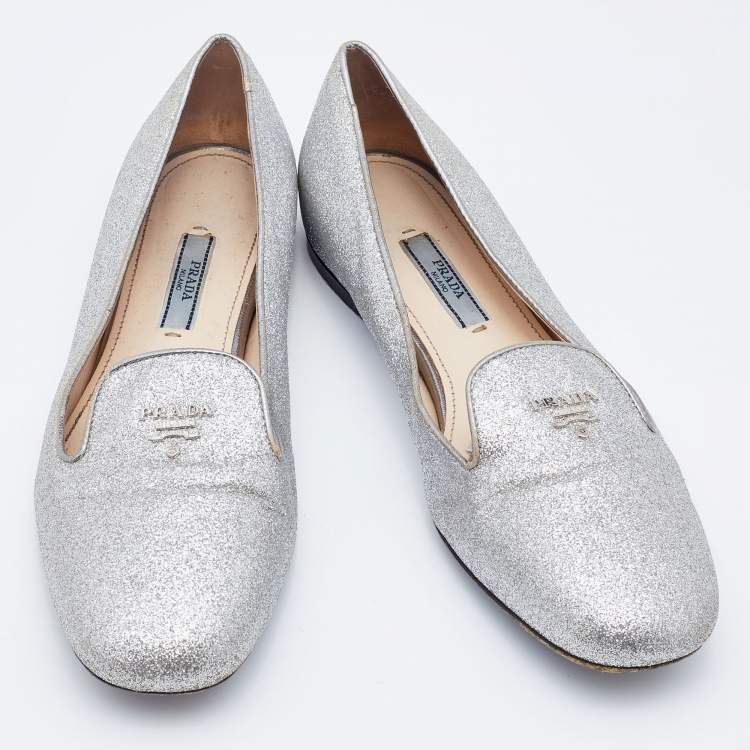 Pre Owned Prada Silver Glitter Smoking Slippers Size 38