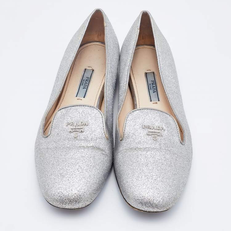 Pre Owned Prada Silver Glitter Smoking Slippers Size 38