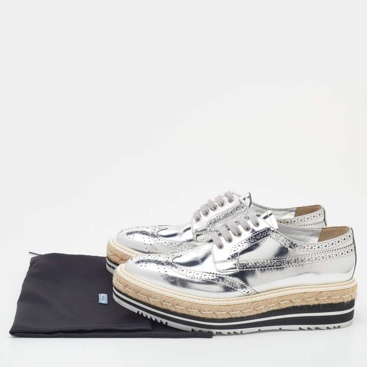 Pre Owned Prada Silver Brogue Leather Derby Espadrille Sneakers Size 36.5