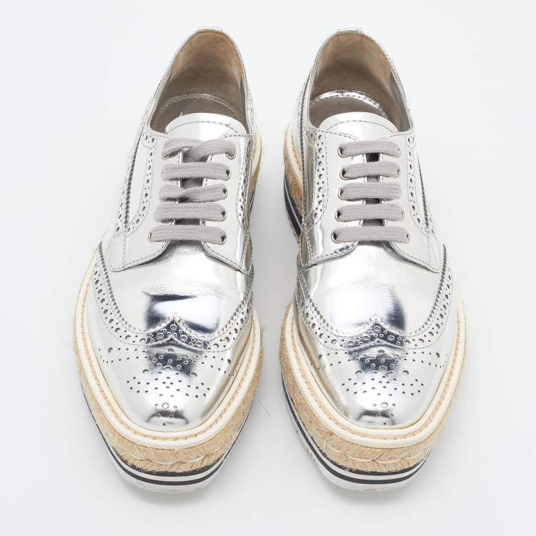 Pre Owned Prada Silver Brogue Leather Derby Espadrille Sneakers Size 36.5