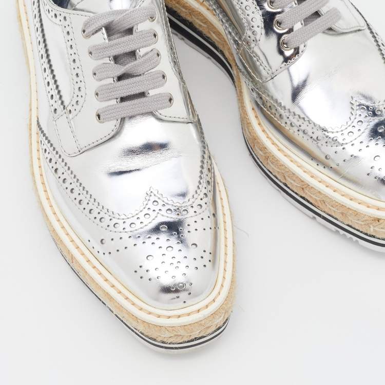 Pre Owned Prada Silver Brogue Leather Derby Espadrille Sneakers Size 36.5