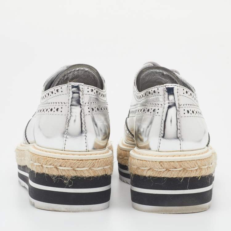 Pre Owned Prada Silver Brogue Leather Derby Espadrille Sneakers Size 36.5