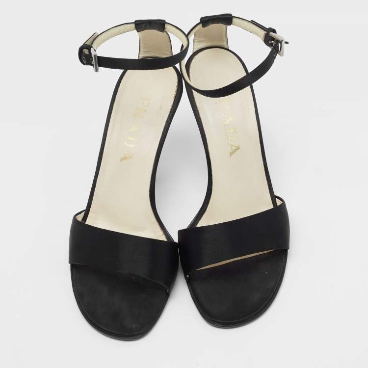 Pre Owned Prada Black Satin Ankle Strap Sandals Size 37.5