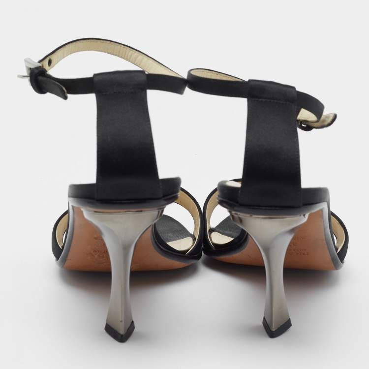 Pre Owned Prada Black Satin Ankle Strap Sandals Size 37.5