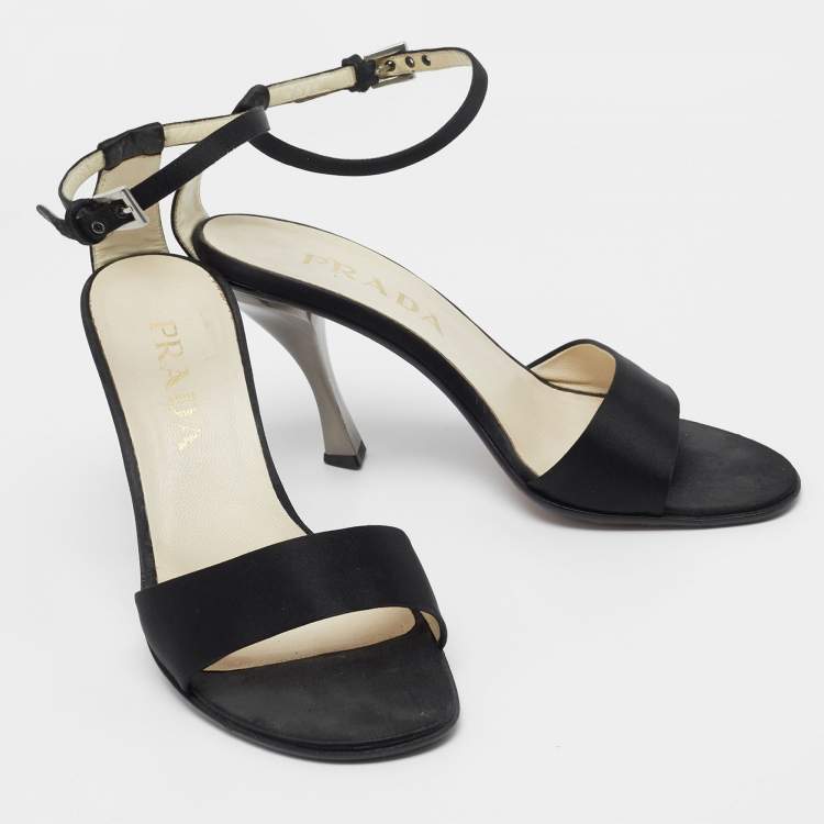 Pre Owned Prada Black Satin Ankle Strap Sandals Size 37.5