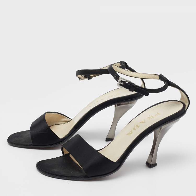 Pre Owned Prada Black Satin Ankle Strap Sandals Size 37.5