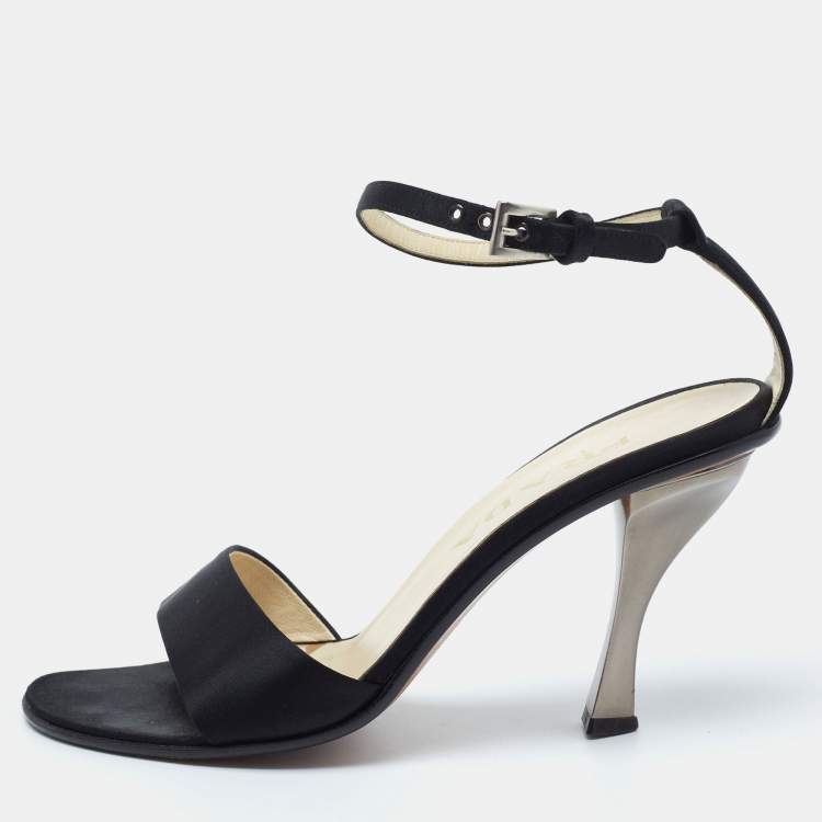 Pre Owned Prada Black Satin Ankle Strap Sandals Size 37.5