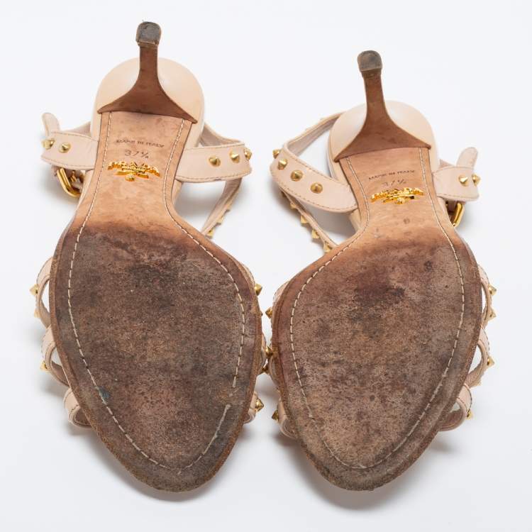 Pre Owned Prada Beige Patent Leather Studded T-Strap Sandals Size 37.5