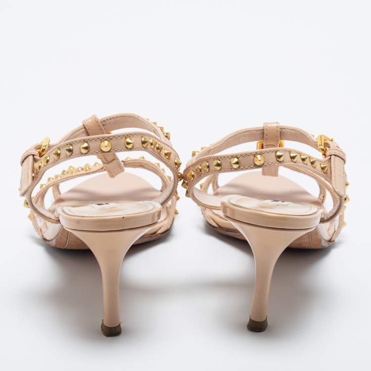 Pre Owned Prada Beige Patent Leather Studded T-Strap Sandals Size 37.5