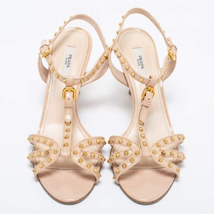 Pre Owned Prada Beige Patent Leather Studded T-Strap Sandals Size 37.5