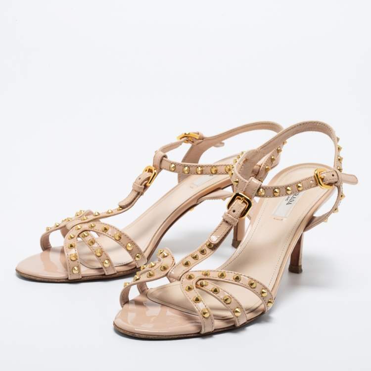 Pre Owned Prada Beige Patent Leather Studded T-Strap Sandals Size 37.5