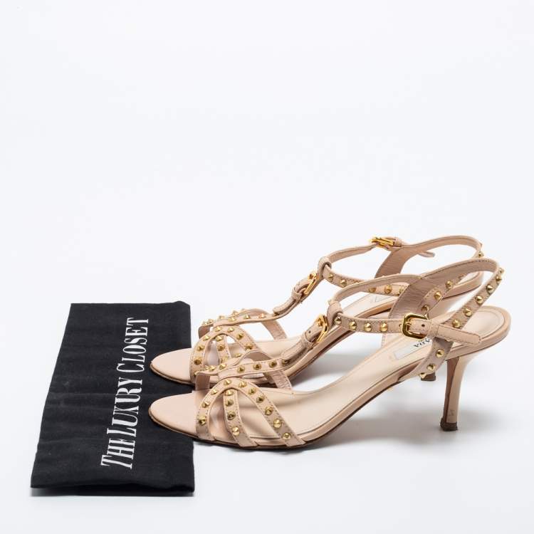Pre Owned Prada Beige Patent Leather Studded T-Strap Sandals Size 37.5