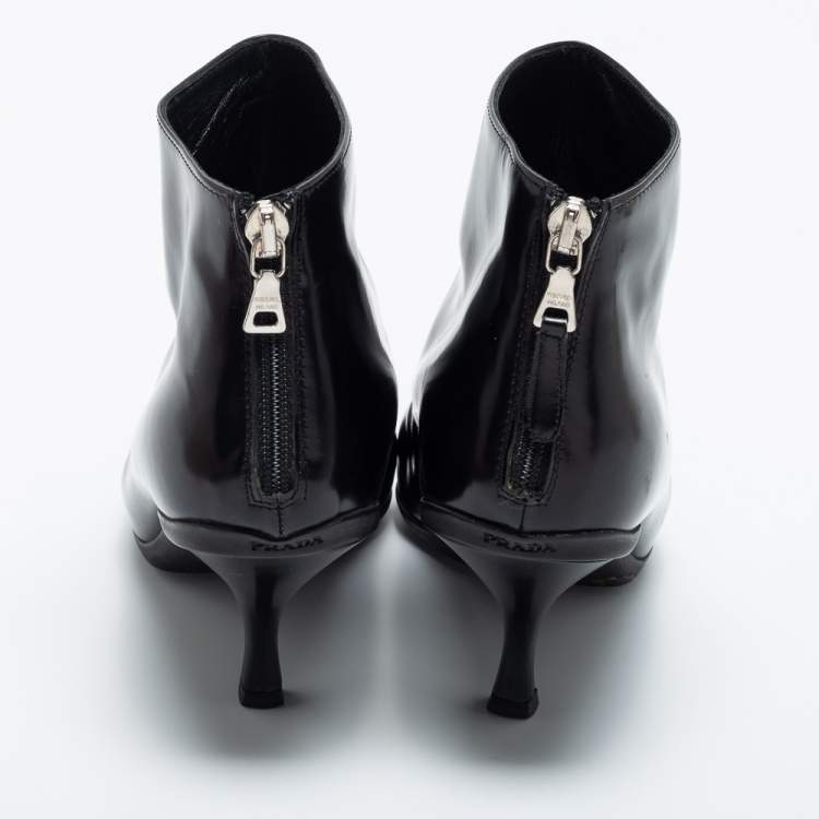 Pre Owned Prada Black Leather Ankle Length Boots Size 37.5