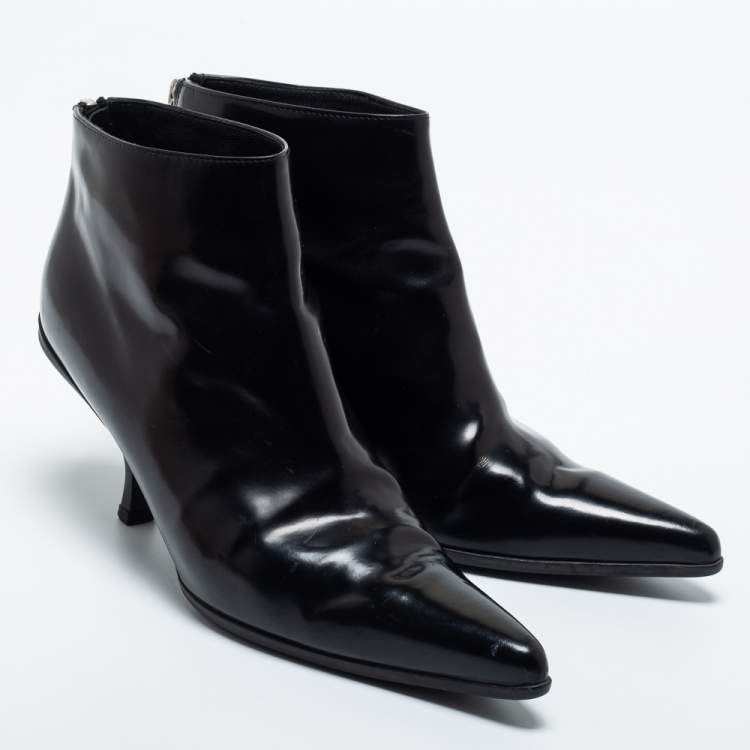 Pre Owned Prada Black Leather Ankle Length Boots Size 37.5