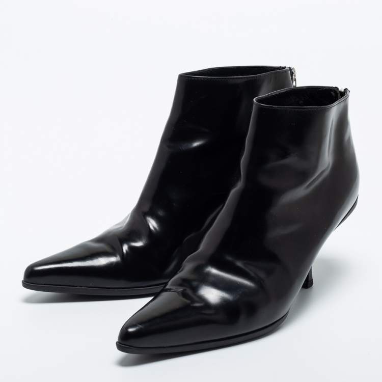 Pre Owned Prada Black Leather Ankle Length Boots Size 37.5