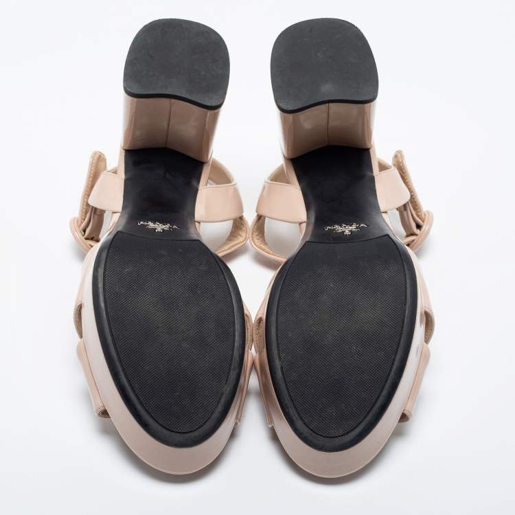 Pre Owned Prada Beige Patent Leather Crisscross Ankle Sandals Size 38