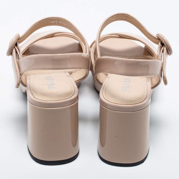 Pre Owned Prada Beige Patent Leather Crisscross Ankle Sandals Size 38