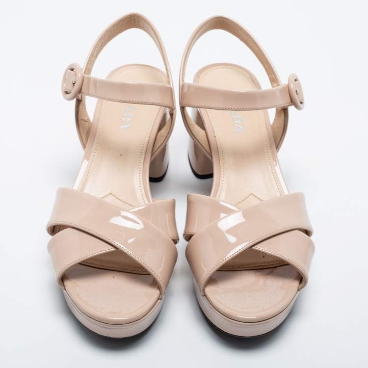 Pre Owned Prada Beige Patent Leather Crisscross Ankle Sandals Size 38