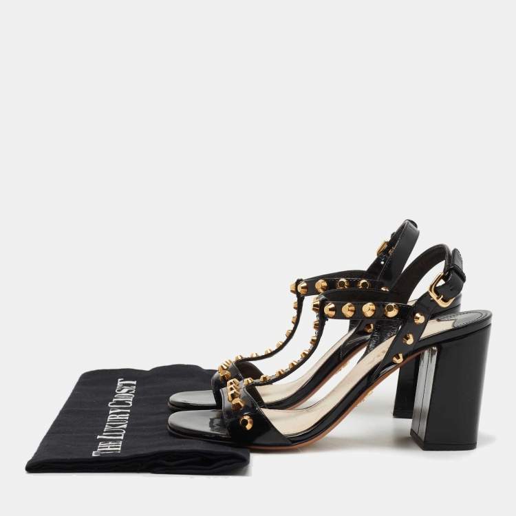 Pre Owned Prada Black Patent Leather Studded T-Bar Ankle Strap Sandals Size 38