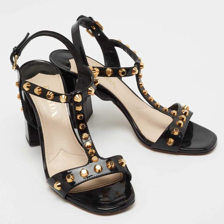Pre Owned Prada Black Patent Leather Studded T-Bar Ankle Strap Sandals Size 38
