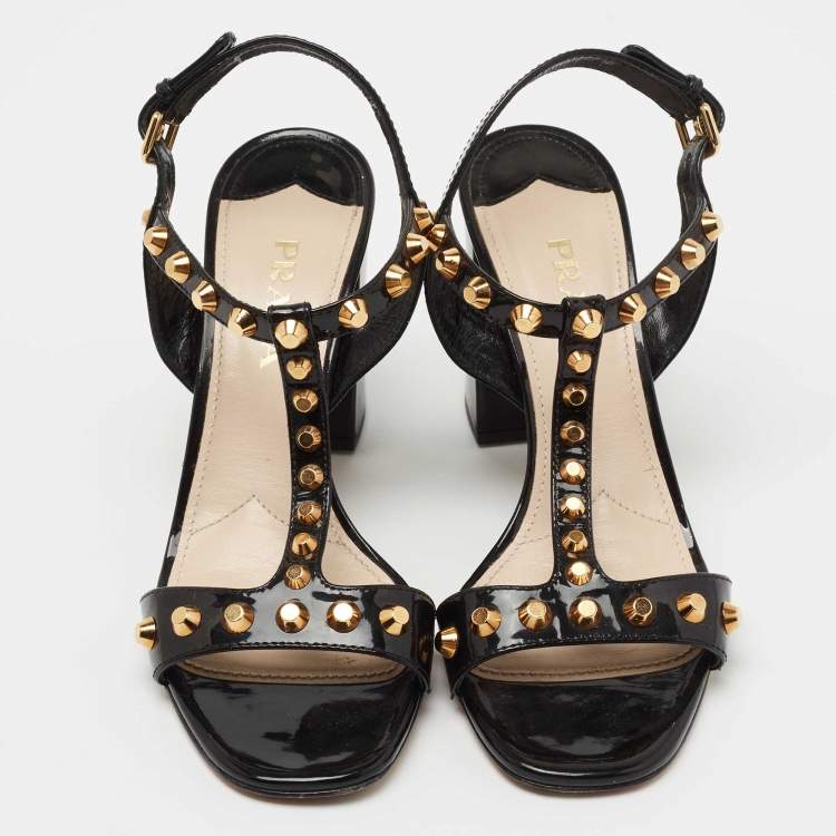 Pre Owned Prada Black Patent Leather Studded T-Bar Ankle Strap Sandals Size 38