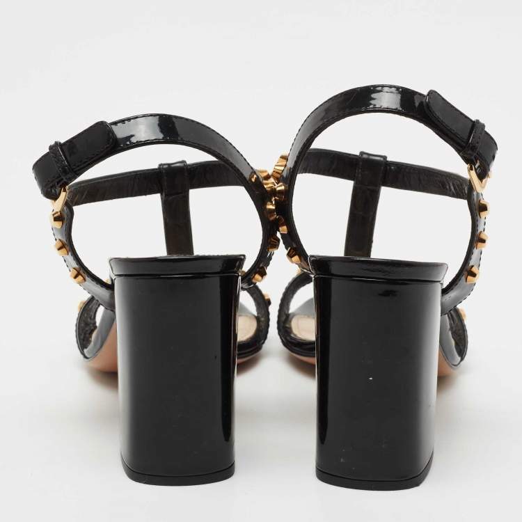 Pre Owned Prada Black Patent Leather Studded T-Bar Ankle Strap Sandals Size 38