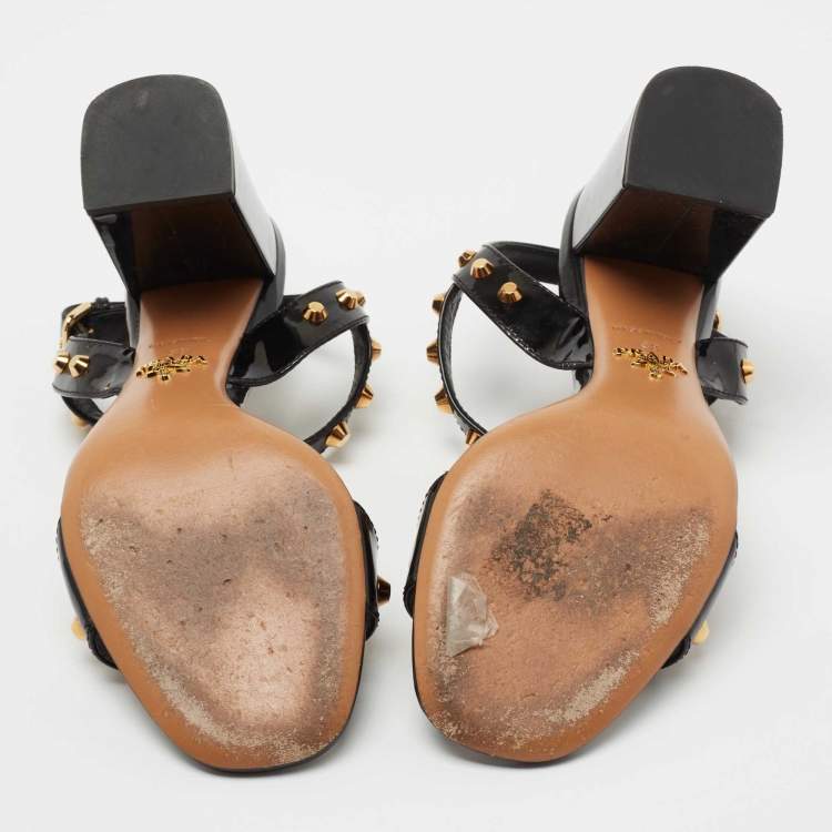 Pre Owned Prada Black Patent Leather Studded T-Bar Ankle Strap Sandals Size 38