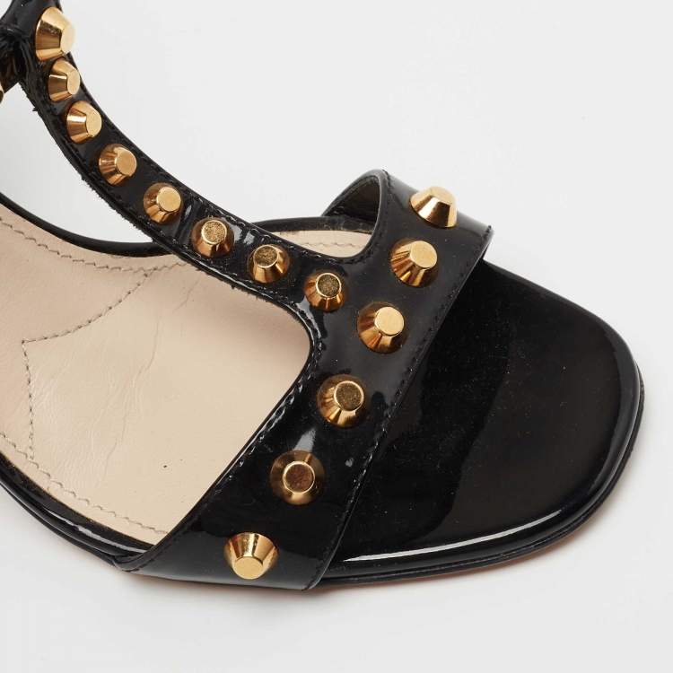 Pre Owned Prada Black Patent Leather Studded T-Bar Ankle Strap Sandals Size 38