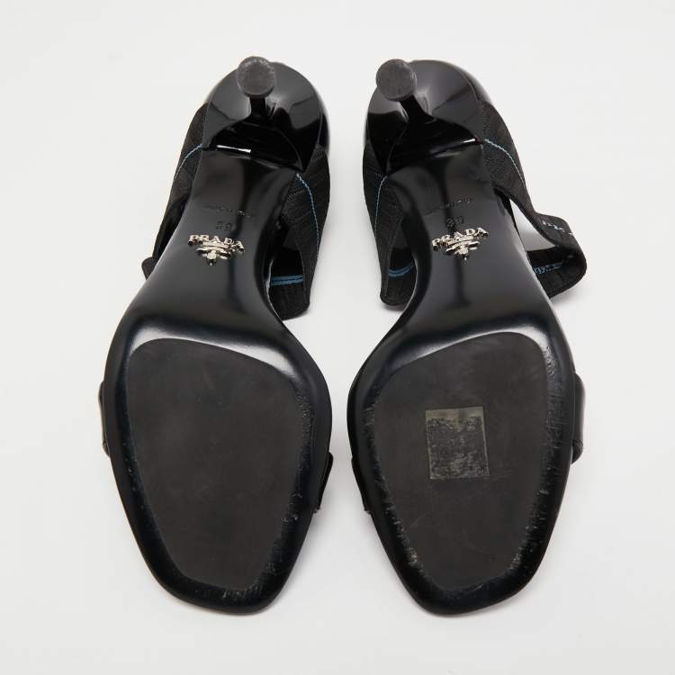 Pre Owned Prada Black Patent Leather and Logo Elastic Ankle Strap Sandals Size 39