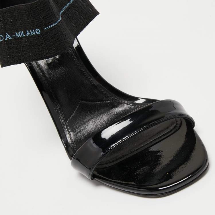 Pre Owned Prada Black Patent Leather and Logo Elastic Ankle Strap Sandals Size 39