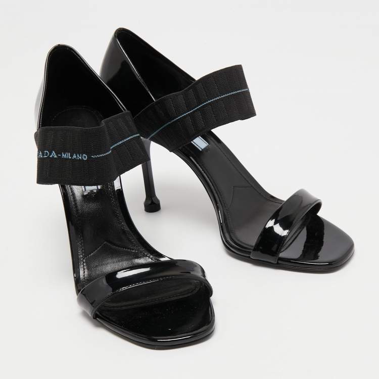 Pre Owned Prada Black Patent Leather and Logo Elastic Ankle Strap Sandals Size 39