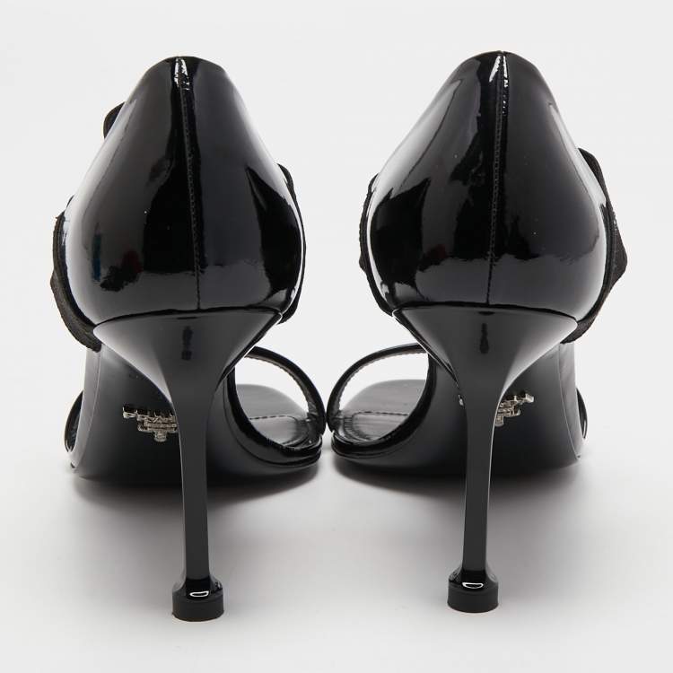 Pre Owned Prada Black Patent Leather and Logo Elastic Ankle Strap Sandals Size 39
