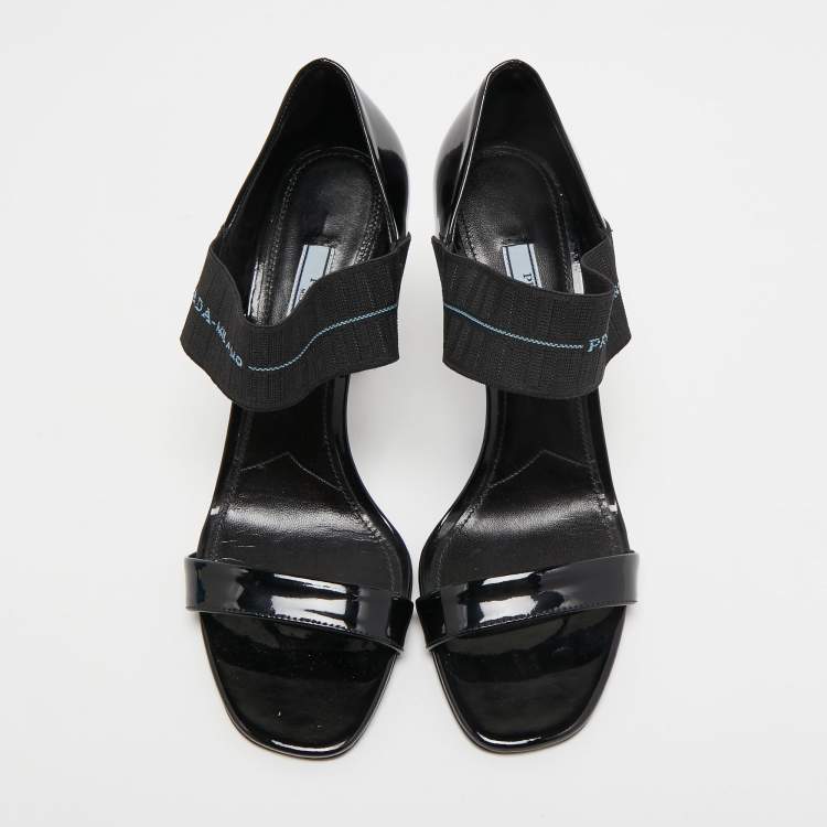 Pre Owned Prada Black Patent Leather and Logo Elastic Ankle Strap Sandals Size 39