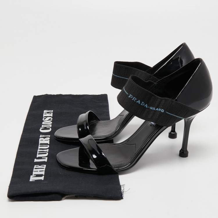 Pre Owned Prada Black Patent Leather and Logo Elastic Ankle Strap Sandals Size 39