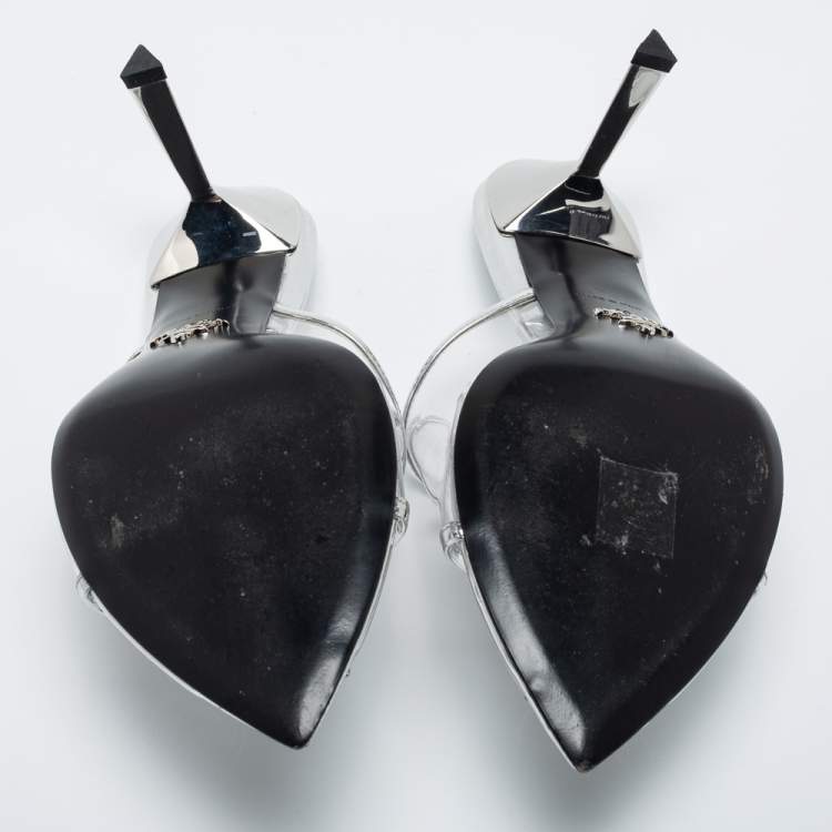 Pre Owned Prada Silver PVC and Patent Leather Logo Sandals Size 40