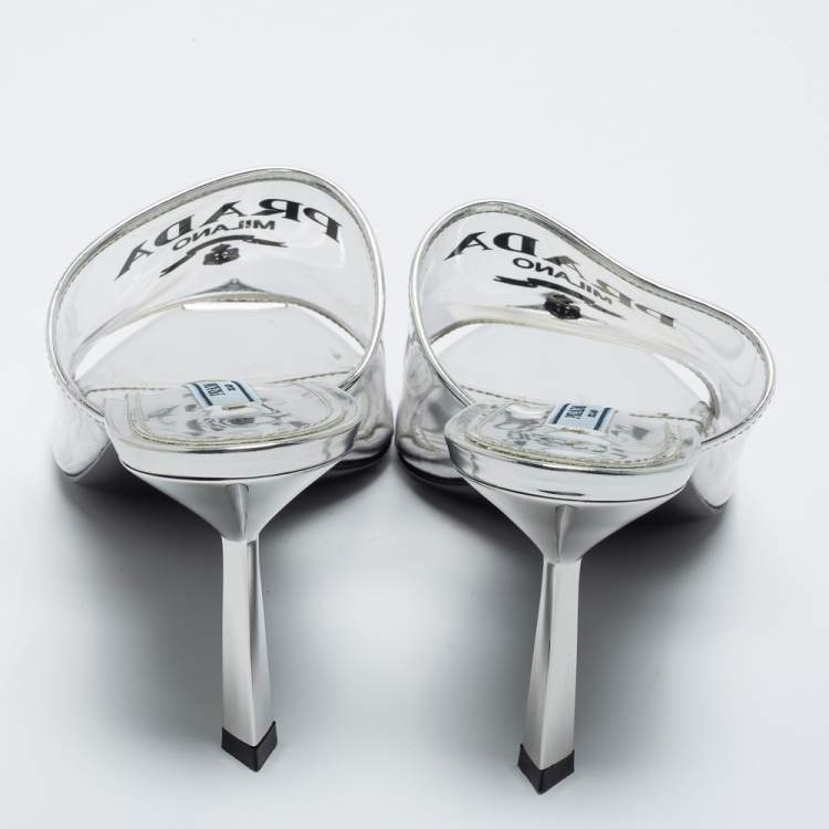 Pre Owned Prada Silver PVC and Patent Leather Logo Sandals Size 40