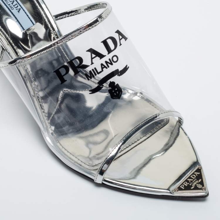 Pre Owned Prada Silver PVC and Patent Leather Logo Sandals Size 40